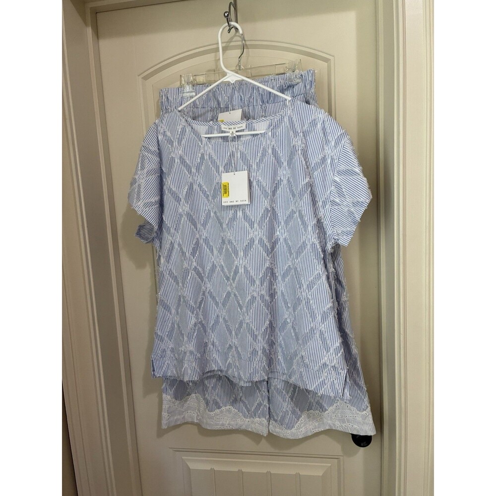 See And Be Seen 2 Piece Set Blue & White Wide Leg Pants Size L Top Size XL NWT